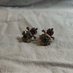 Vintage Maltese Cross with Fleur De Lis Silver Faceted Gemstone Clip On Earrings